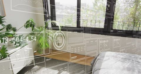 Augmented reality hud overlay in modern loft bedroom with greenery and minimalist design