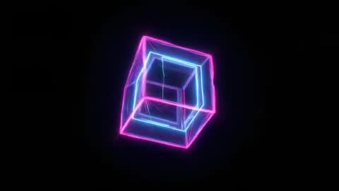Glowing Neon Cube Rotating in Futuristic Digital Void