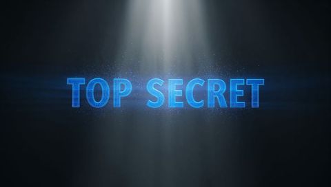 Holographic neon blue top secret text under spotlight futuristic cybersecurity concept