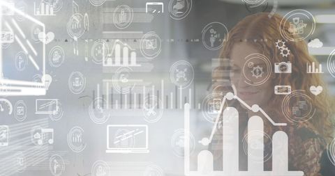 businesswoman using tablet with digital interface and data icons. illustrates modern data analysis. useful for articles on technology in business, data analytics, and digital transformation.