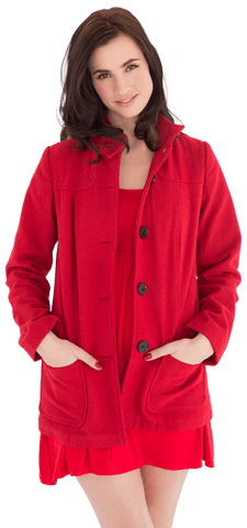 Elegant Brunette Woman Wearing Red Dress and Coat on Transparent Background