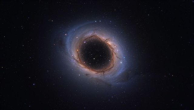 Central cosmic void surrounded by luminous multicolor ring and dust lanes with halo glow