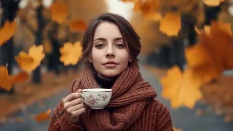 Serene Autumn Stroll with Falling Leaves and Tea