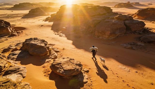 Nomad shepherd carrying lamb and leading sheep across golden desert dunes at sunset