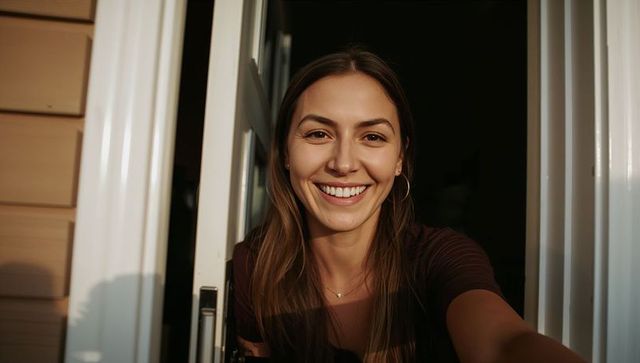 Smiling woman leaning through doorway holding smartphone during warm sunlight moment