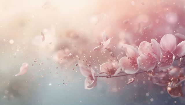 Dreamy pink cherry blossom branch with floating petals and glittering dew in pastel bokeh