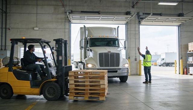 Warehouse loading dock team guiding reversing white semi truck forklift moving pallets
