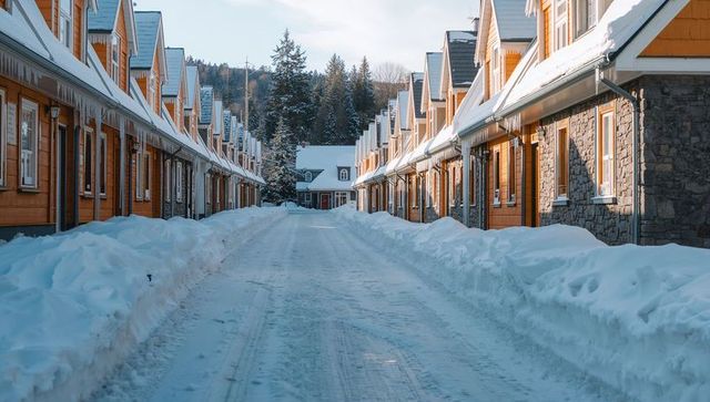 Sunlit alpine row of snow-covered chalets with tire-tracked central road and evergreens