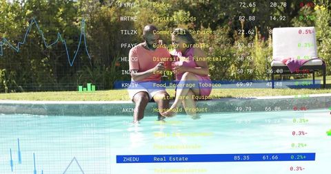 Mature couple sharing phone and relaxing by backyard pool with financial market overlay