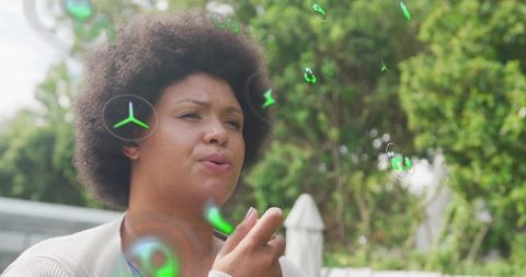 Innovative technology with green holograms in tranquil garden