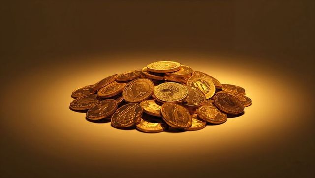 Glittering Gold Crypto Coins Reflecting Warm Spotlight Pile of Metallic Bitcoin Tokens