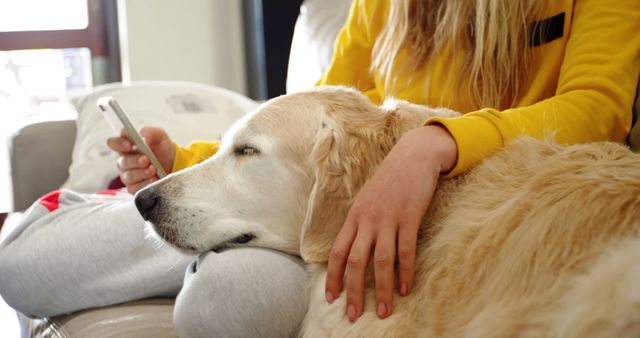 Caucasian female teenager using smartphone and petting her sleeping dog at home. Domestic life, pets, animals, technology and care.