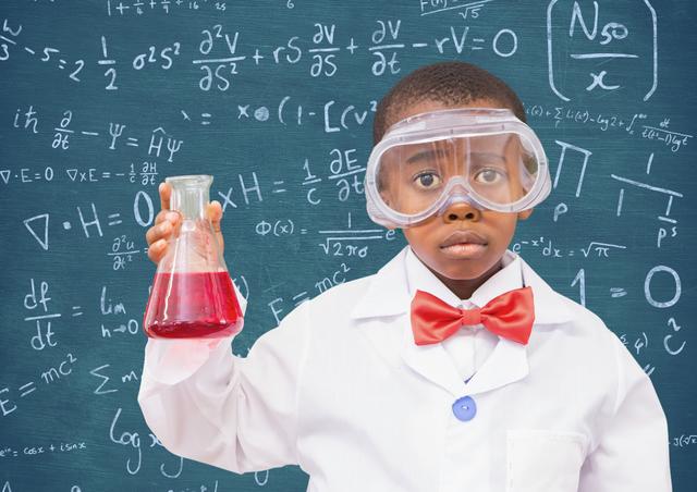 Boy wears protective glasses and holds a beaker with red liquid against backdrop of chalkboard filled with scientific formulas and equations. Ideal for using in educational materials, science classes, STEM program promotions, children's learning resources, and curiosity-driven advertisements.