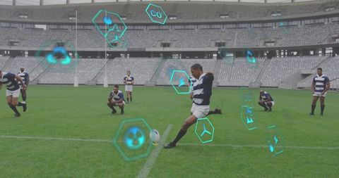 Rugby player kicking ball with augmented reality performance overlays in stadium
