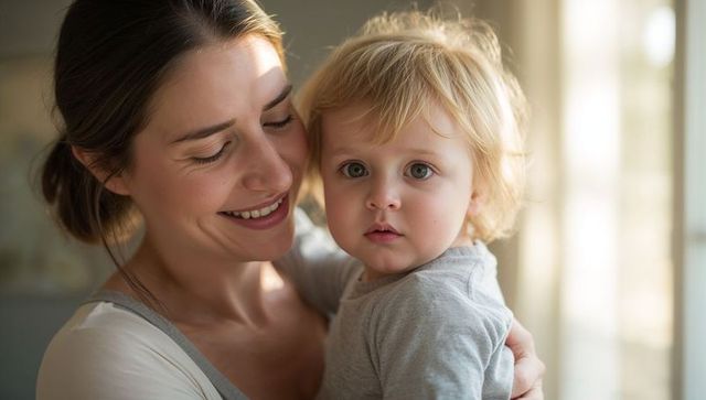 Warm maternal embrace holding toddler beside sunlit window, tender family bond portrait