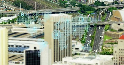 Digital Data Overlay on Urban Cityscape Visualizing Global Blockchain - Download Free Stock Images Pikwizard.com