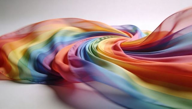 Spiraling rainbow silk scarf creating vortex of translucent color with hemmed edges