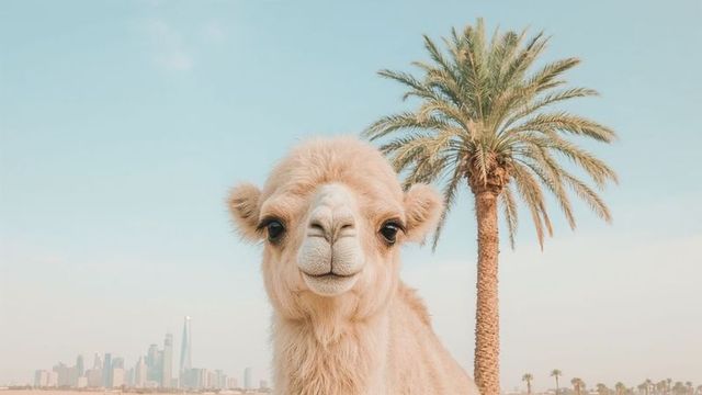 Adorable camel portrait with urban skyline in desert oasis