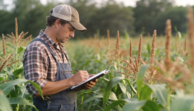 Farmer inspecting cornfield and recording crop data on clipboard in denim overalls and cap