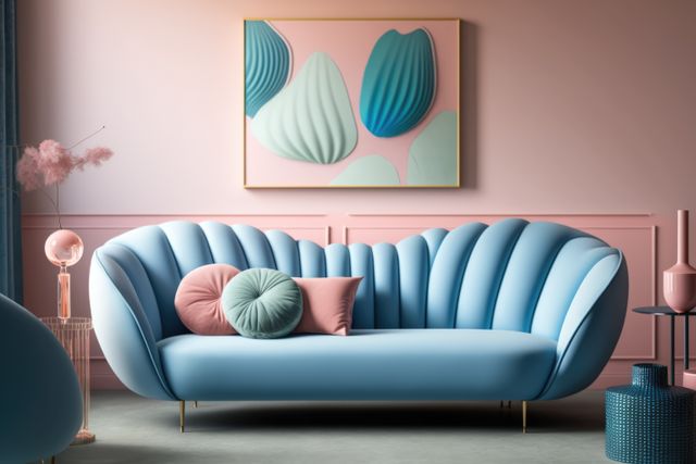 Modern Pastel Living Room with Stylish Blue Sofa and Chic Decor - Download Free Stock Images Pikwizard.com