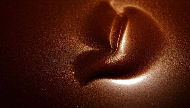 Glossy copper swirl closeup with granular metallic sparkle and warm studio lighting