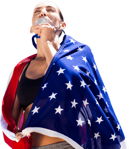 caucasian sportswoman kissing medal wrapped in american flag transparent background - Download Free Stock Videos Pikwizard.com
