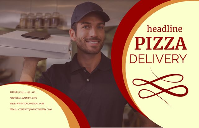 The design showcases a smiling delivery man with a pizza box, conveying reliability and promptness. This visual is ideal for advertisements in the food service industry, including both dine-in and takeaway promotions. It can also be customized for courier services or personalized shopping deliveries, enhancing marketing materials with impactful imagery. The template features clear placeholder sections for contact details, allowing businesses to efficiently address customer inquiries and boost customer engagement.