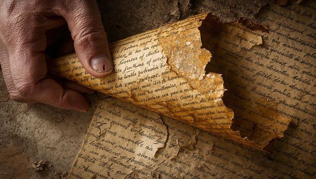 Hand lifting weathered parchment scroll with cursive manuscript on textured stone