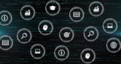 Futuristic Interface with Data and Education Icons on Digital Grid