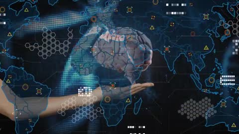 Futuristic AI Concept with Brain and World Map Hologram