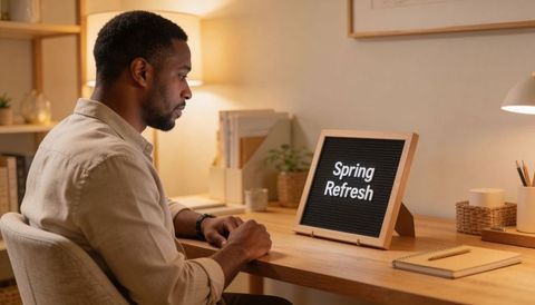 Man working at minimal wooden desk with felt letter board reading spring refresh message
