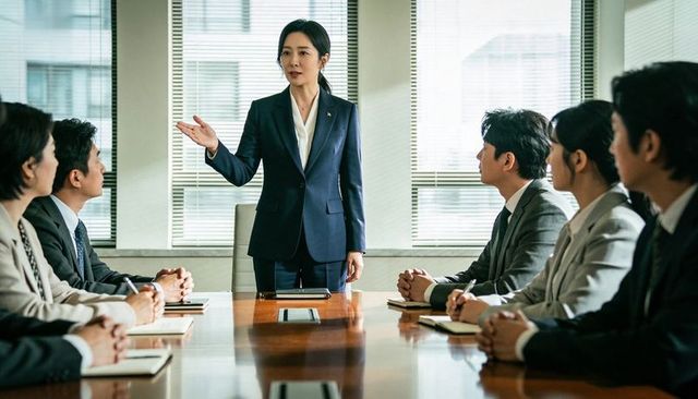 Female executive leading boardroom presentation with professional team