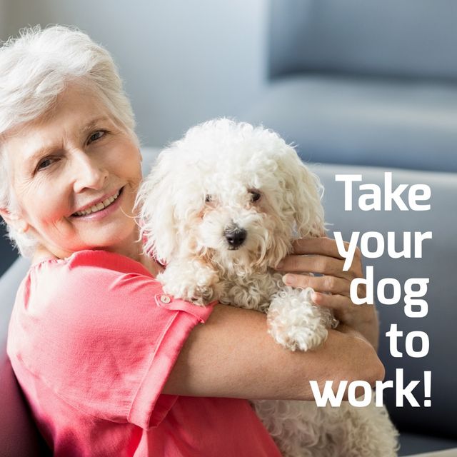 Portrait of smiling caucasian senior woman with dog by take your dog to work text. digital composite, friendship, loyalty and bonding concept.