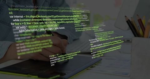 Editing with stylus on graphics tablet and floating code overlay, modern minimalist desk