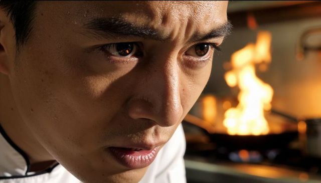 Intense asian chef focusing on flaming stove closeup portrait conveying heat and skill