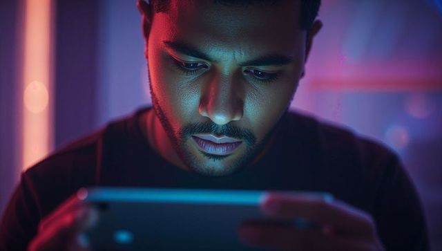 Man Engaged with Tablet in Neon Lit Gaming Environment