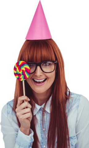 playful hipster woman in party hat holding colorful lollipop transparent background - Download Free Stock Videos Pikwizard.com