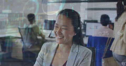 Smiling Businesswoman Analyzing Financial Market Trends