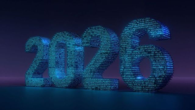 Glowing 2026 code sculpture rising in neon studio, futuristic binary and AI concept