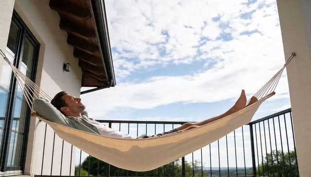 Man relaxing on balcony hammock overlooking countryside sunny summer afternoon