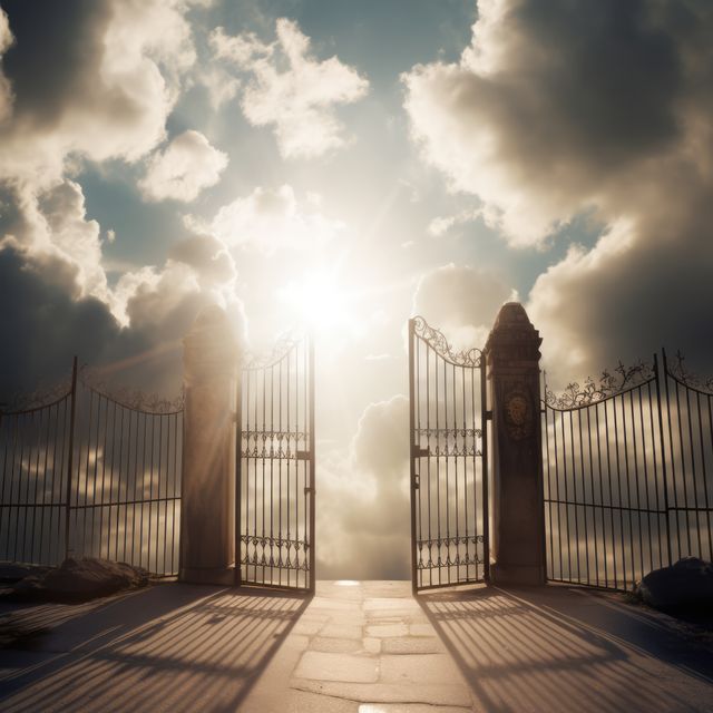 Metal gates beautifully illuminated by sunlight amid fluffy clouds creating a divine, serene feel. Ideal for religious or spiritual publications, supernatural themes, or conceptual art about heaven and the afterlife. Useful for illustrating themes of transcendence, paradise, or sacred entryways.