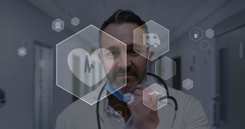 Doctor Standing in Hospital with Floating Medical Icons