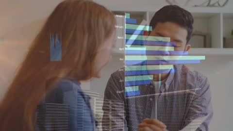 Multicultural Professionals Analyzing Data Projections with Holographic Interface