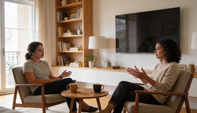 Two women having heartfelt conversation over coffee in cozy modern midcentury living room at home