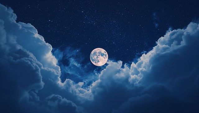Illuminating Full Moon in Starry Night Sky with Glowing Clouds