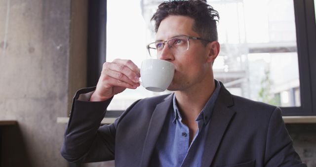 Businessman Drinking Coffee in Modern Office - Download Free Stock Images Pikwizard.com