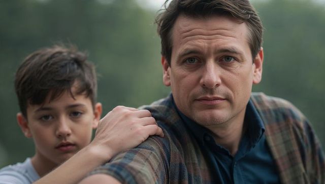 Father and son sharing quiet outdoor moment, son resting hand on father's shoulder showing support
