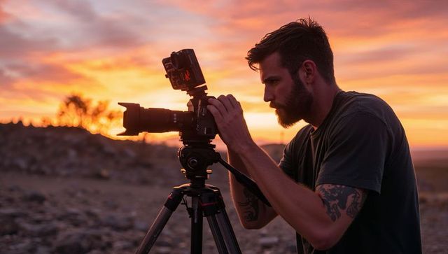 Photographer capturing stunning sunset in rocky landscape