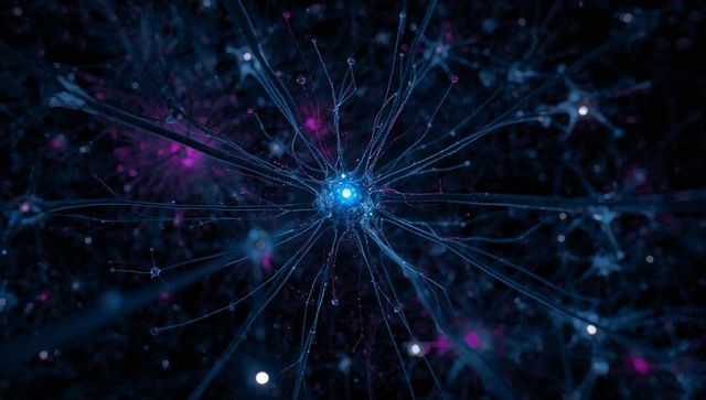 Glowing neural core with branching filaments, neon synapses and floating particle network