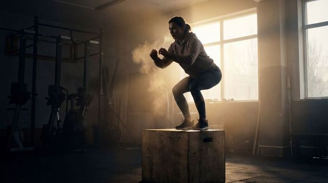 Backlit woman performing box jump on plyo box in warehouse gym with chalk cloud